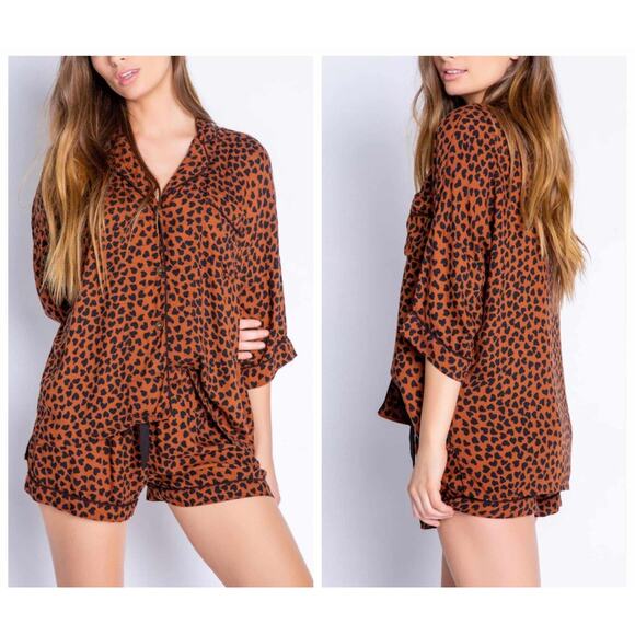 PJ Salvage Wild Love Heart Print Pajama Top Brown Black Medium - Picture 1 of 7